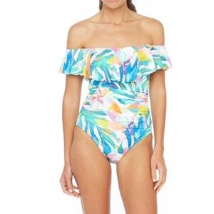 La Blanca Wild Tropic Ruffle‎ Off Shoulder One Piece Swimsuit 4